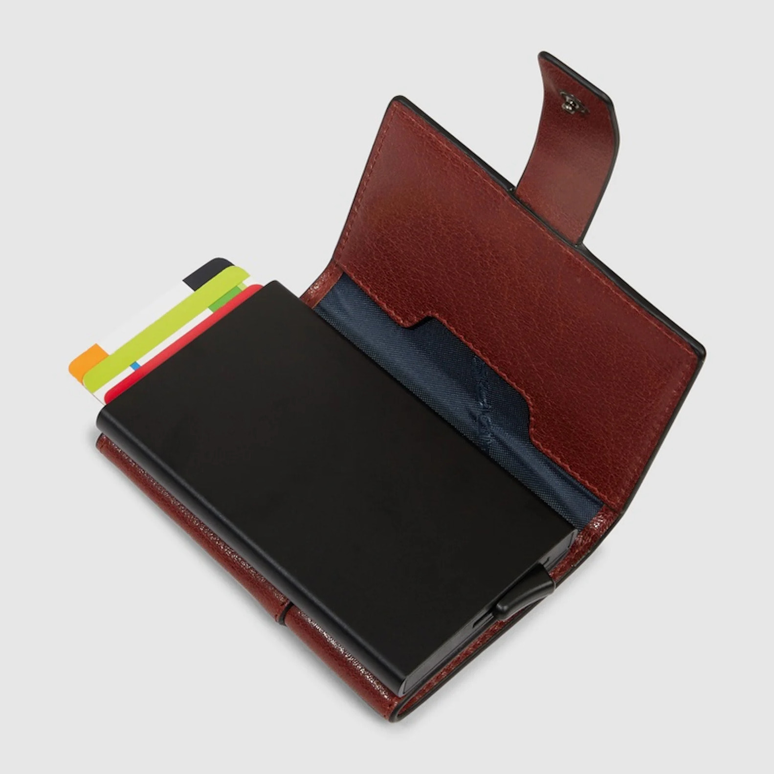 Piquadro Portacarte automatico in metallo e pelle, schermato con protezione RFID