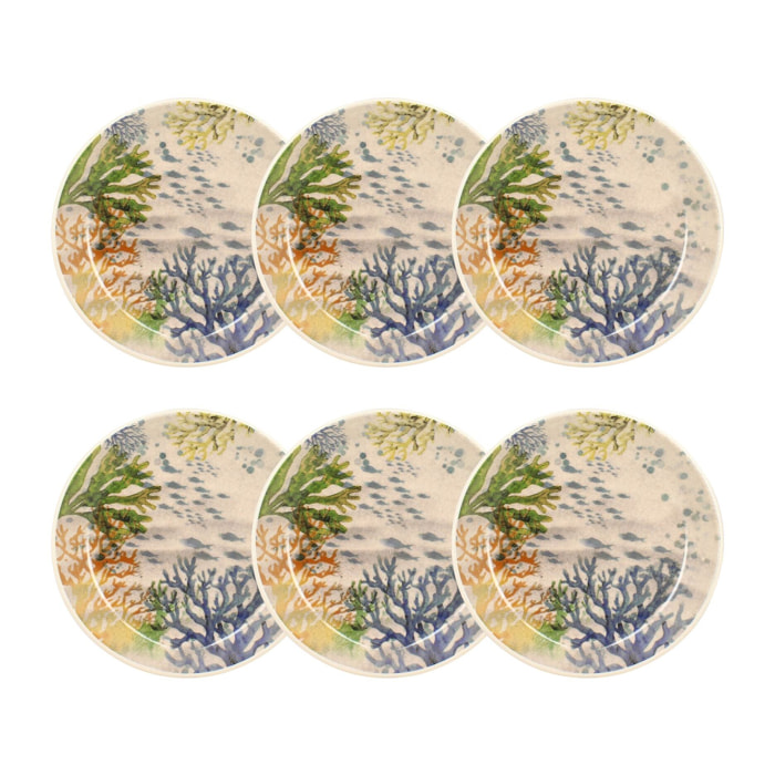 Lot de 6 assiettes creuses motif aquatique en grès 20,5cm CORFOU