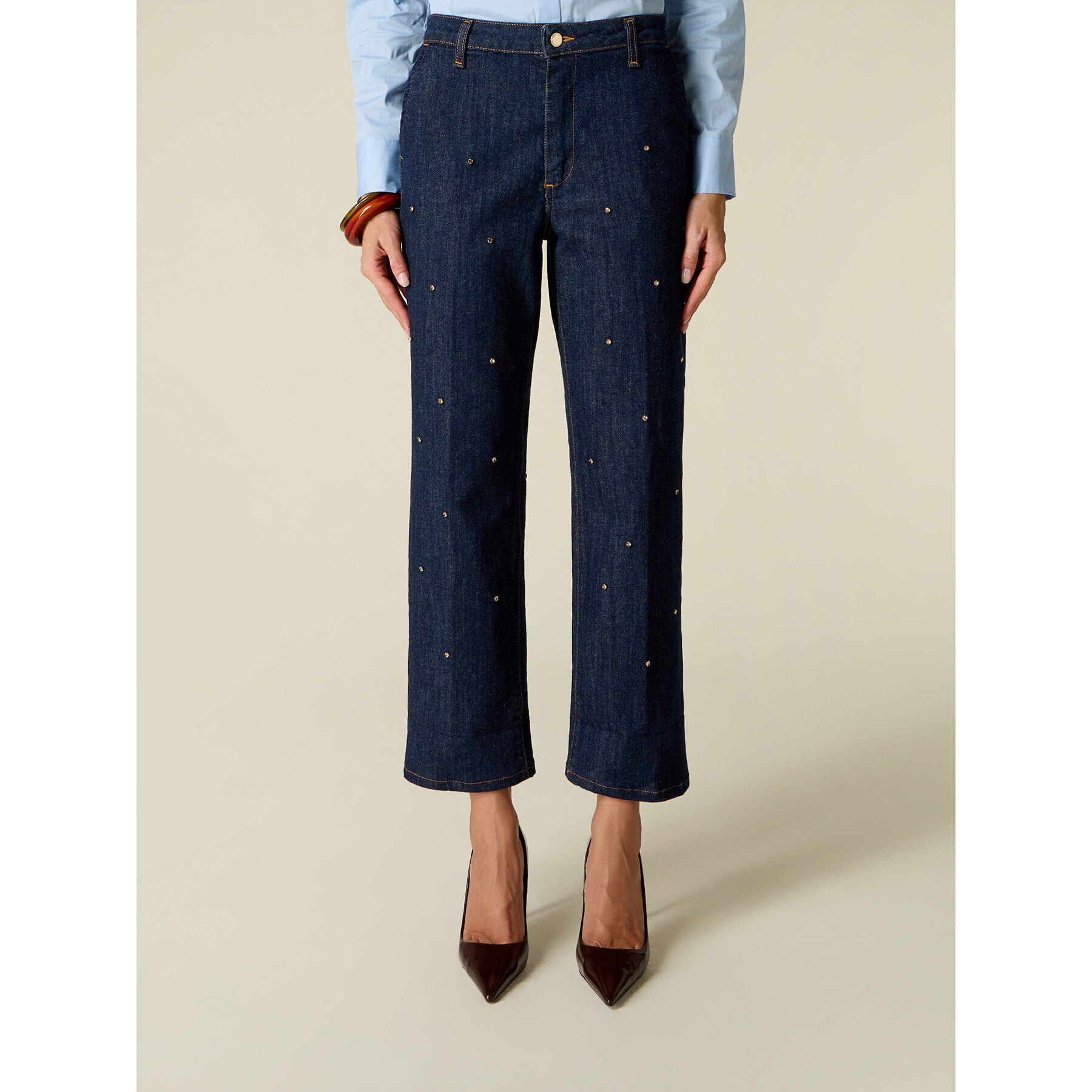 Oltre - Jeans cropped con cristalli - Blu