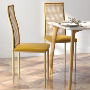 Juego de 2 Sillas de Comedor Sillas de Cocina Modernos con Respaldo de Ratán PE Asiento Tapizado de Cuero PU y Patas de Acero 40x50x97 cm Ocre