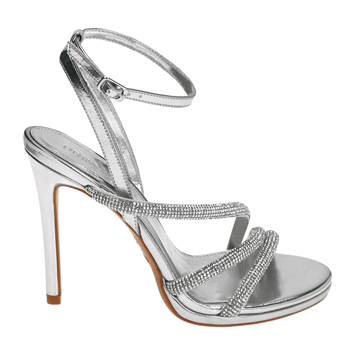 Sandalias con tacón plateado en laminado con piedras