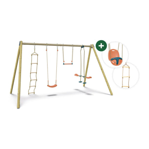 Balançoire double avec face à face, trapèze, siège bébé et échelle de corde - Techwood Harmonie MANOU 2 - Aléo by Trigano