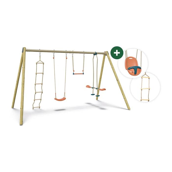 Balançoire double avec face à face, trapèze, siège bébé et échelle de corde - Techwood Harmonie MANOU 2 - Aléo by Trigano