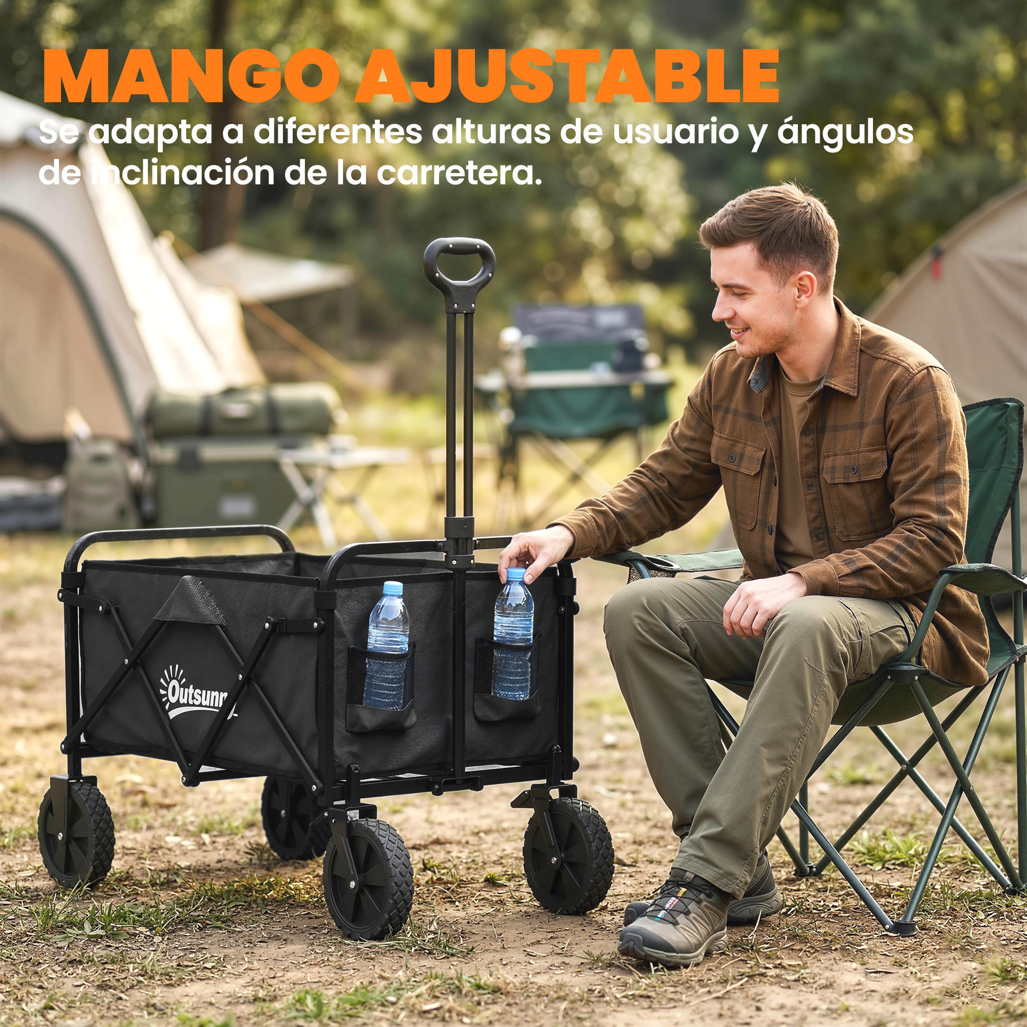 Carro Playa con Ruedas Grandes Bloqueables, Carro de Jardín Plegable con Mango Ajustable, Portavasos y Marco de Metal, Carga 80 kg, Carrito Transporte para Jardín, Campaña, Compras, Negro