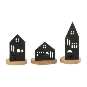 J-Line bougeoir Maison - aluminium/bois - noir/naturel - 3 pcs