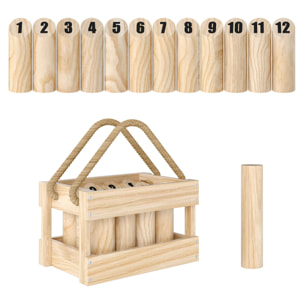 Juego de Bolos Finlandeses, 12 Bolos de Madera de Pino con 1 Palo de Lanzamiento y Caja de Transporte, Juego al Aire Libre para Adultos, Jardín, Picnic, Playa y Fiestas, Natural