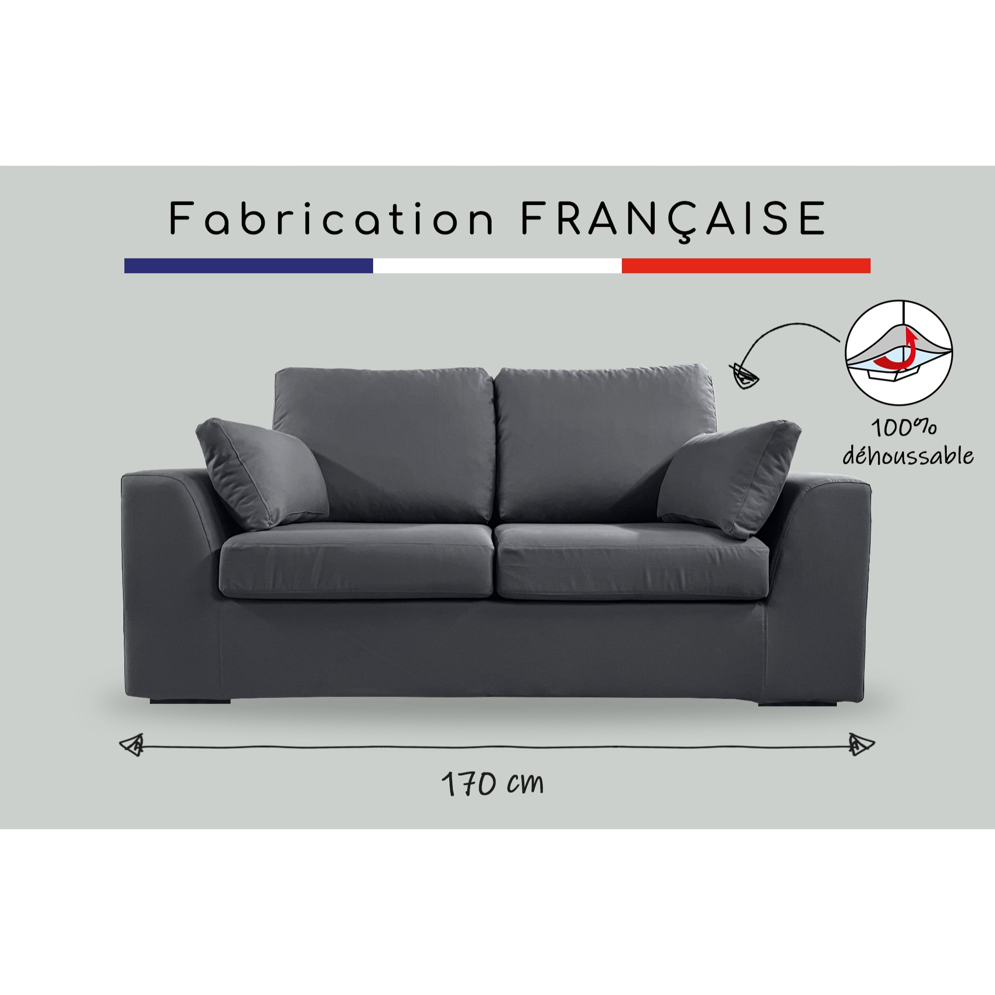 Canapé 2 pl TRESSIN 170 cm fixe tissu coton Anthracite - 100% déhoussable - Fab. France