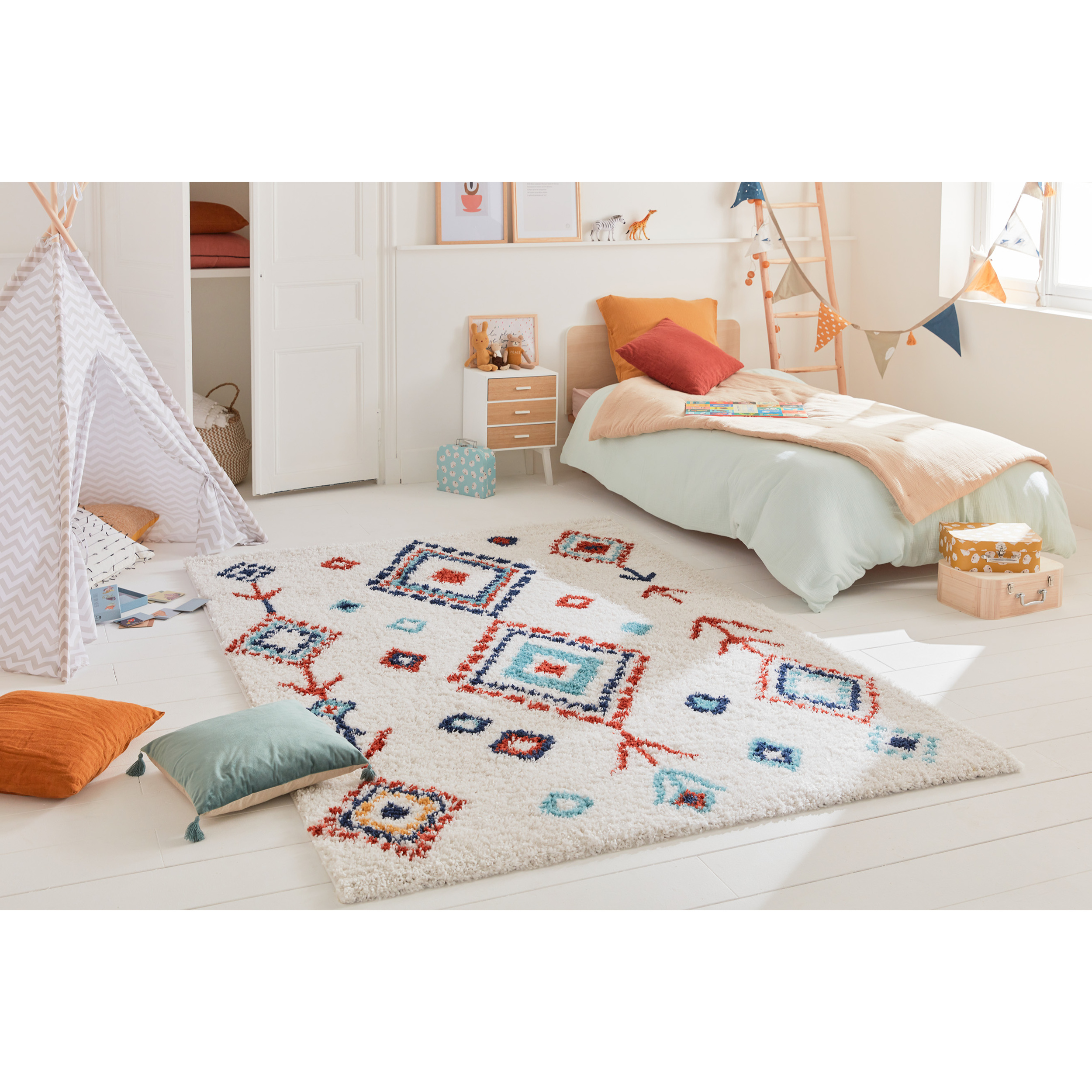 Tipi - tapis shaggy en laine artificielle à motif berbère multicolore