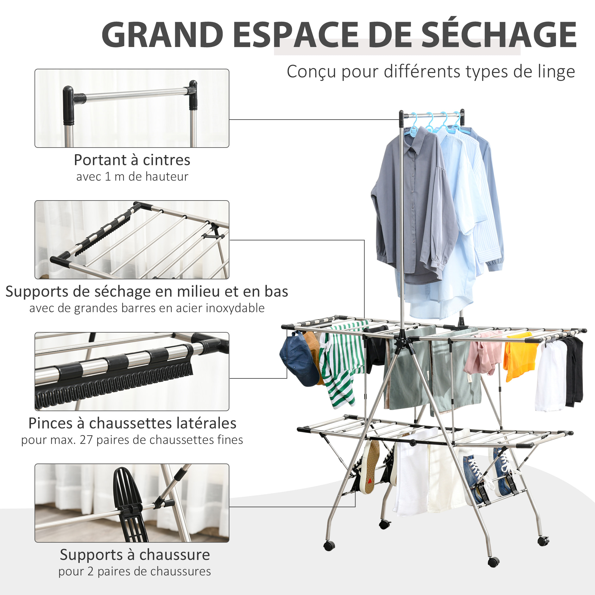 HOMCOM Séchoir à linge étendoir à vêtements pliable réglable avec barre de penderie et roulettes acier inox. PP noir