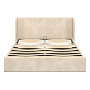 Lit coffre Lucia en velours beige avec sommier et tête de lit 160x200cm