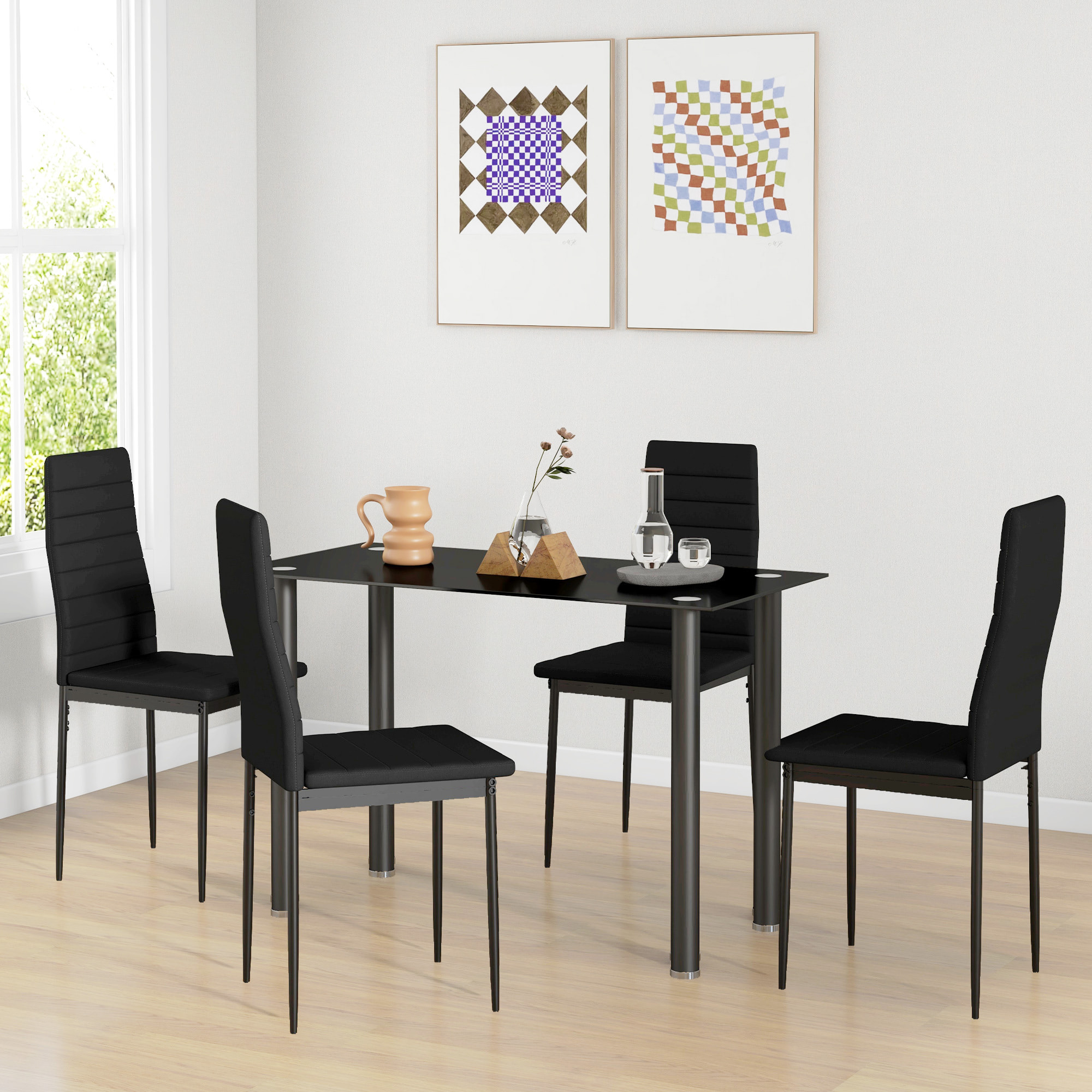 Conjunto de Comedor 5 Piezas Juego de 1 Mesa con Tablero de Vidrio Templado y 4 Sillas Tapizadas en Lino Estilo Moderno para Cocina 120x60x75 cm 41x50x97 cm Negro