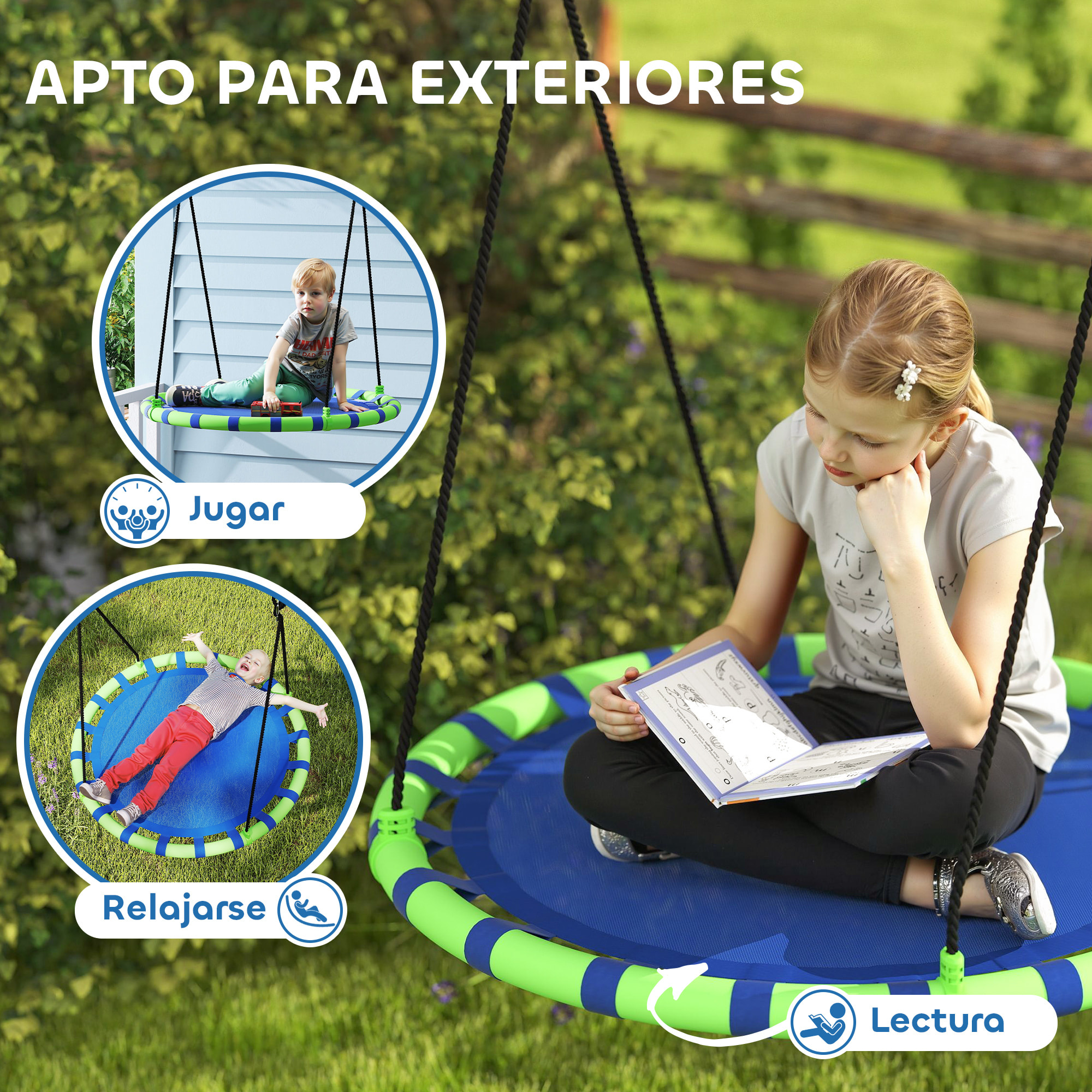 Columpio para Niños Redondo Columpio Jardín Exterior Ajustable Columpio Infantil Impermeable Carga 150 kg Ø100x180 cm Azul y Verde