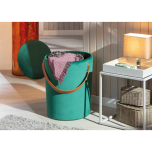 Pouf secchiello contenitore in velluto e maniglia in ecopelle, colore verde, cm 35x35x45