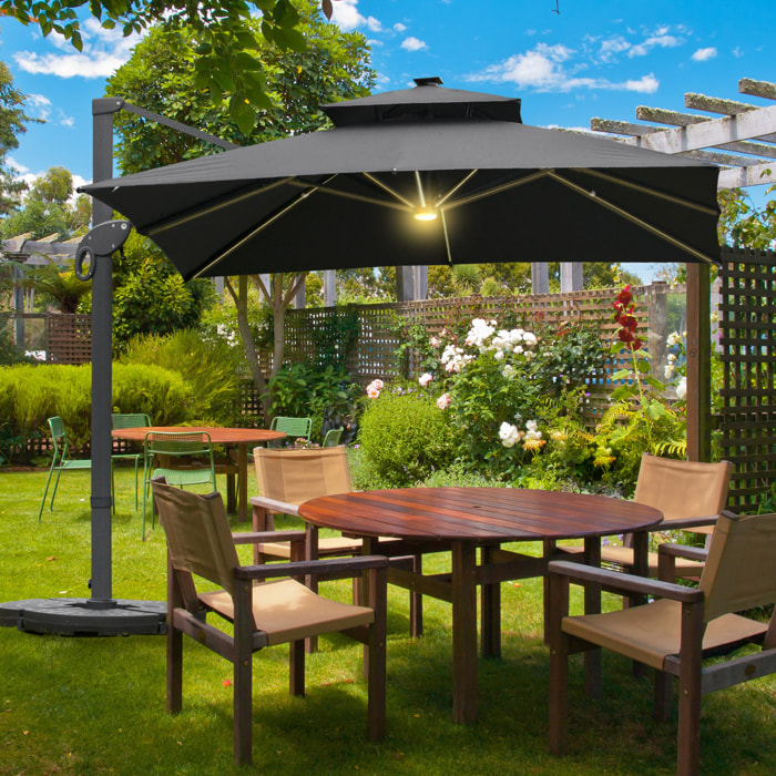 Parasol déporté rectangulaire parasol LED inclinable pivotant manivelle acier alu. dim. 3L x 3l x 2,66H m polyester gris
