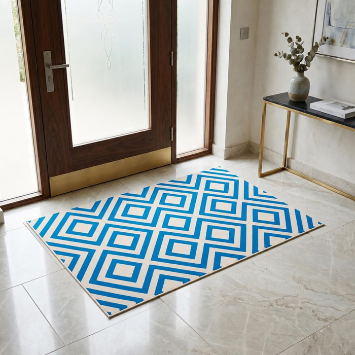 Petit tapis Begja bleu et blanc motif géométrique scandinave