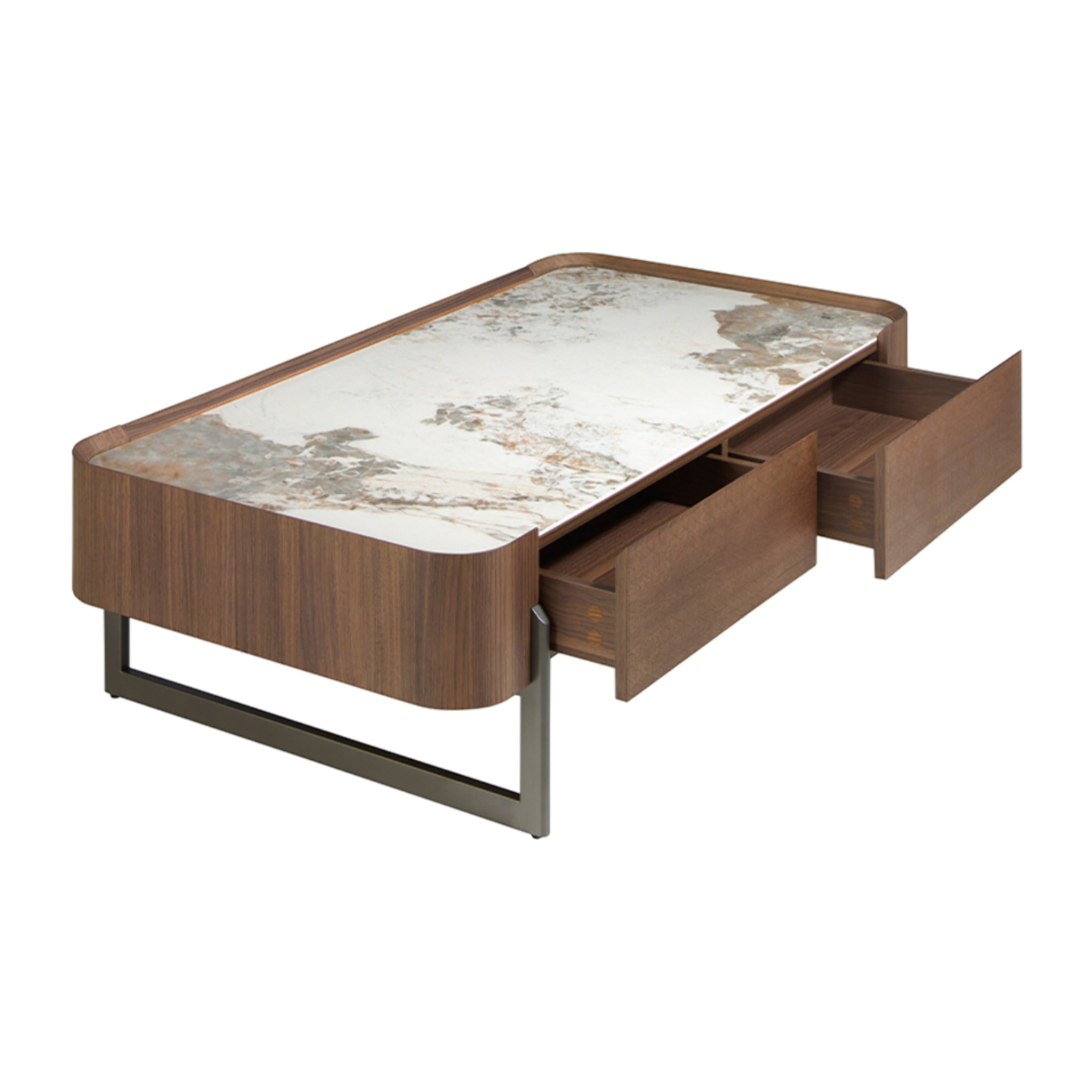 Mesa centro rectangular en madera chapada en nogal natural y tapa de mármol porcelánico blanco con vetas en tonos tierra en brillo 140x75x40cm