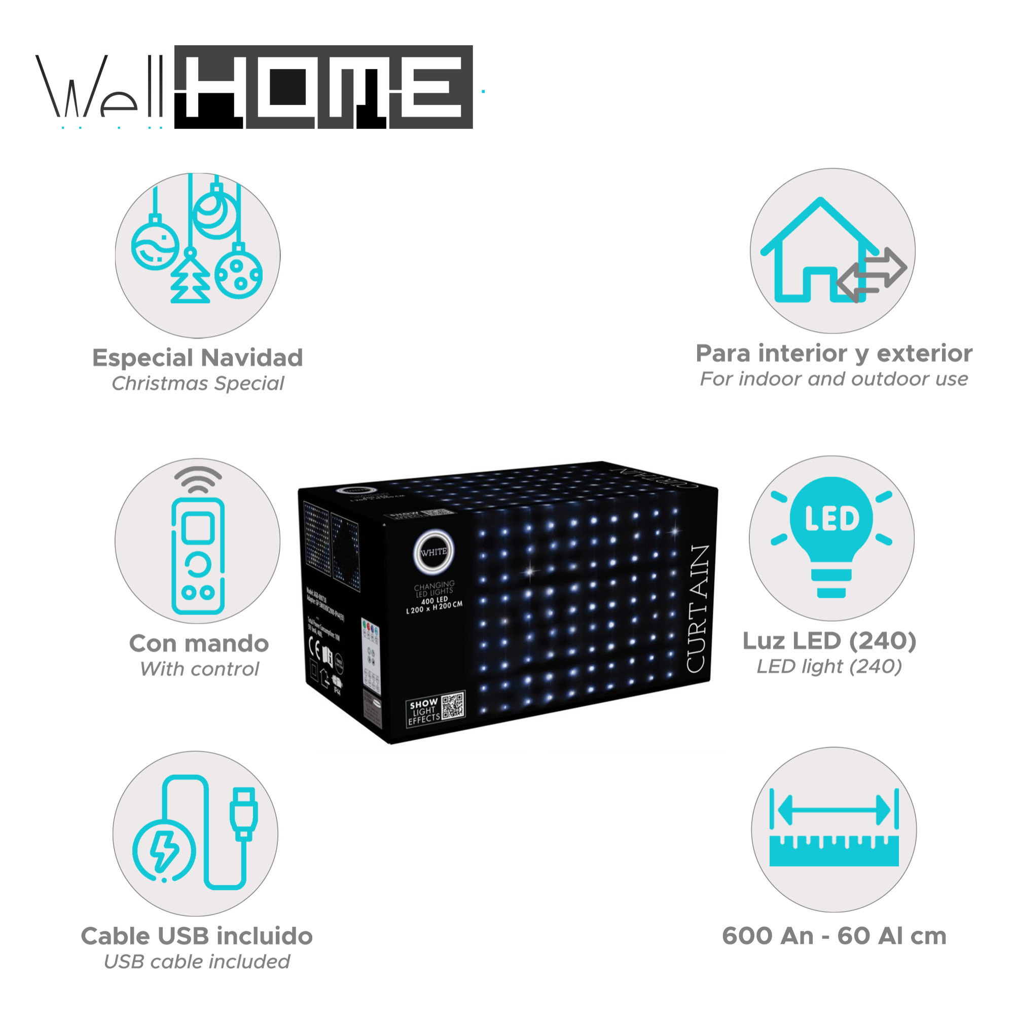 conjunto de luces de cortina con 240 luces led blanco con control remoto de 40 cuerdas