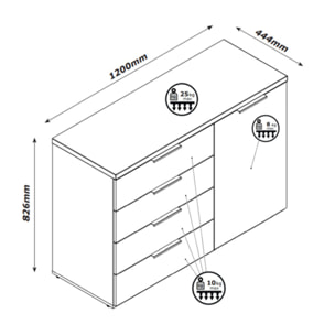 Commode 1 porte et 4 tiroirs en blanc laqué et effet chêne - DIVA