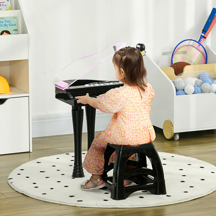 Piano Electrónico Infantil de 32 Teclas Juego de Piano con Micrófono Taburete Luces 22 Canciones 4 Sonidos Patas Desmontables y Volumen Ajustable 37x30,5x60,4 cm Negro