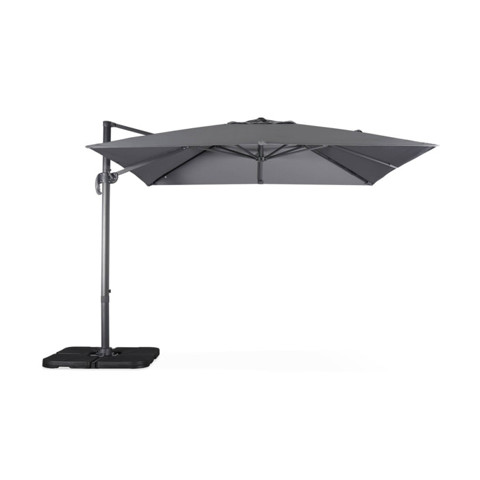 Parasol déporté carré gris 3x3m structure grise + Lot de 4 dalles à lester 50x50cm