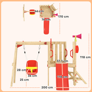 Columpio y Tobogán Infantil Exterior, 5 en 1, Parque Infantil Exterior de Madera con Columpio, Tobogán, Volante, Bocina, Teléfono, para Niños de 18-48 Meses, para Patio, Césped, Rojo