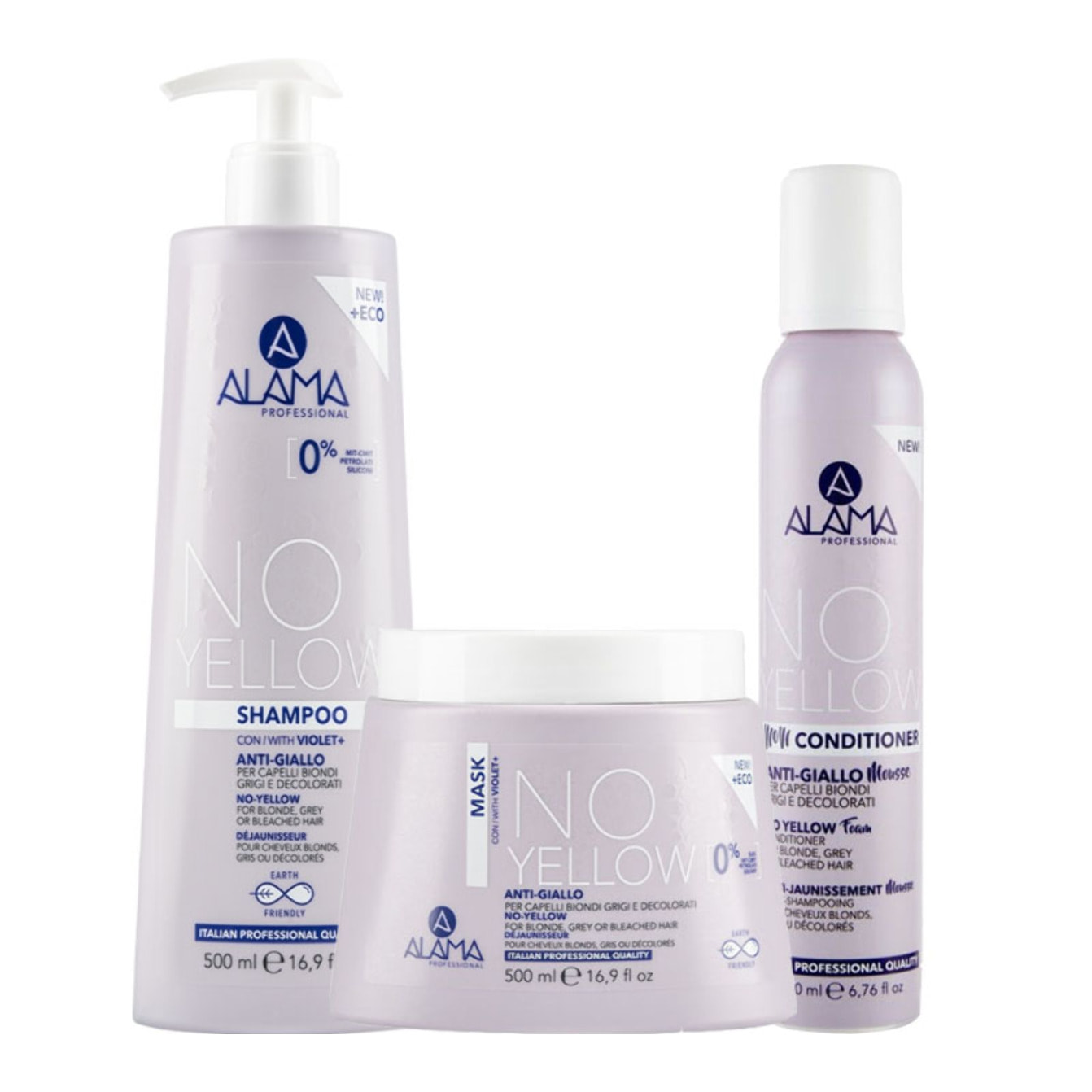 Kit profesional ALAMA: Champú sin amarilleamiento 500 ml + Mascarilla 500 ml + Espuma acondicionadora 200 ml