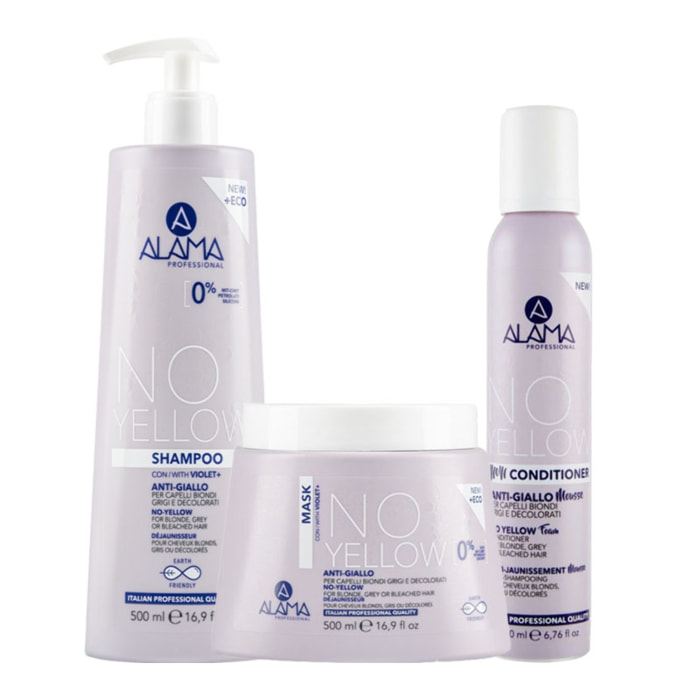 Kit profesional ALAMA: Champú sin amarilleamiento 500 ml + Mascarilla 500 ml + Espuma acondicionadora 200 ml