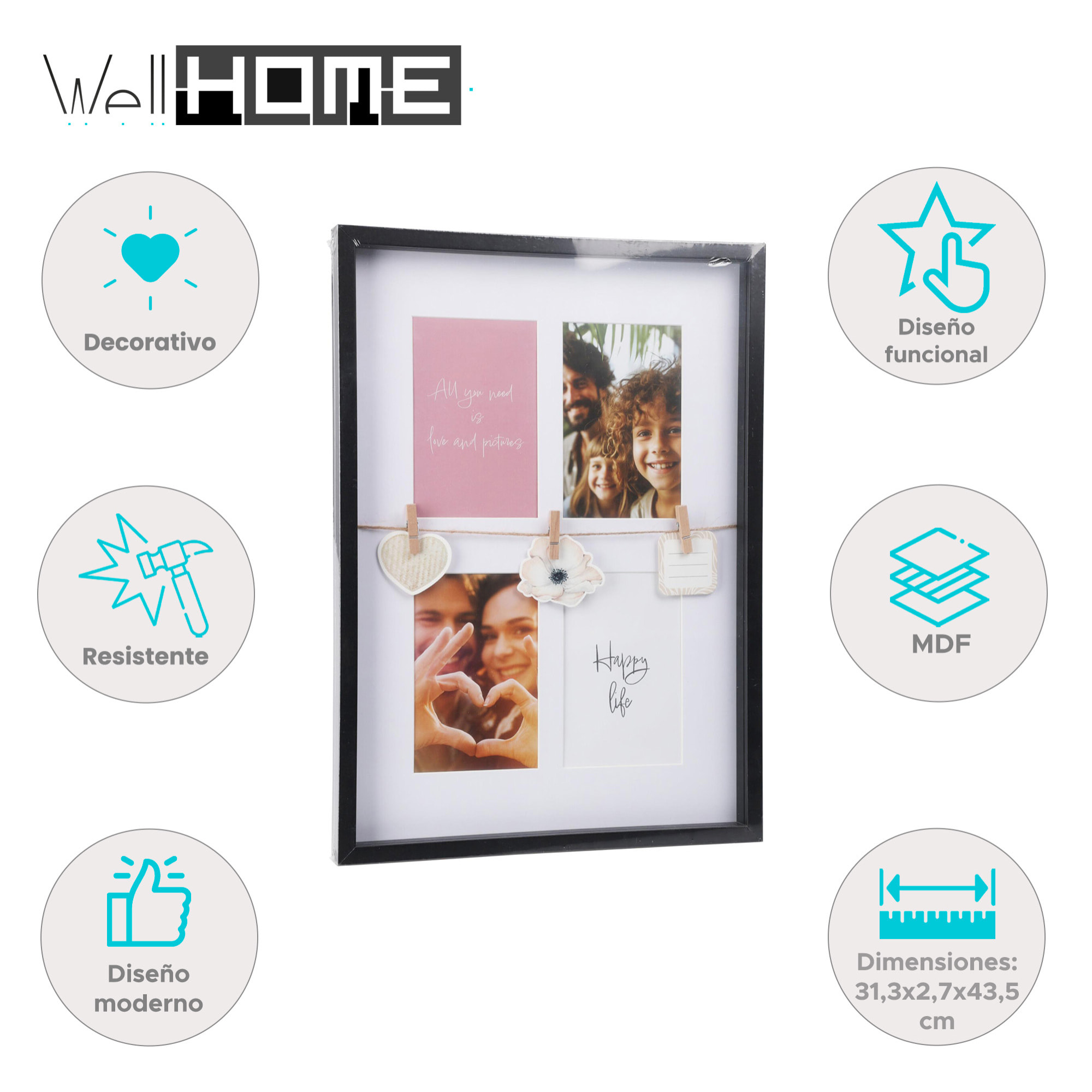 Marco de fotos Negro para 4 fotos y 3 correas de madera 31,3x2,7x43,5cm