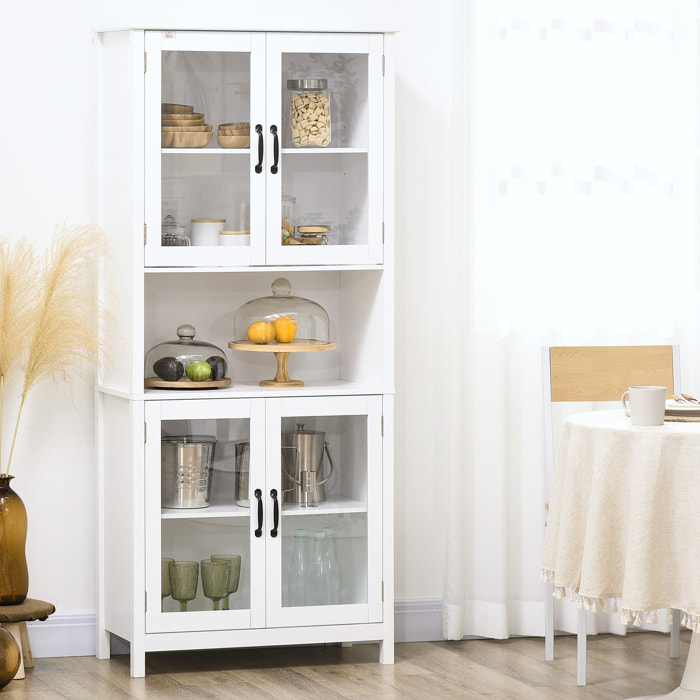 Buffet haut 4 portes vitrées 2 étagères grande niche centrale MDF blanc