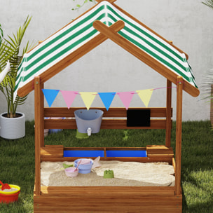 Arenero para Niños de Madera, Arenero Infantil en Forma de Casa con 2 Asientos, Toldo, 6 Banderines, 2 Bandejas Extraíbles, Grifo y Pizarra, para Patio, Jardín, 124x116x146 cm, Naranja