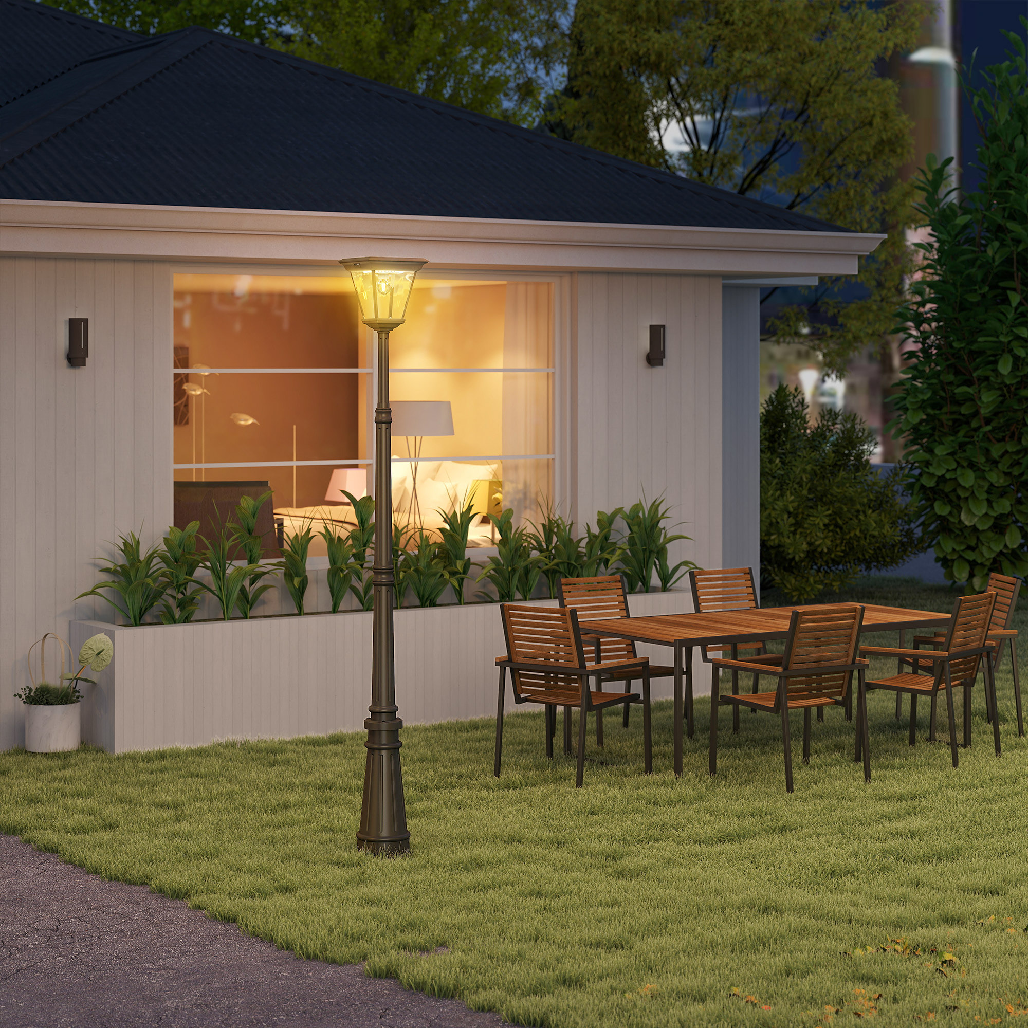 Farola Solar Exterior Luz Solar Exterior Jardín de Aluminio y Vidrio con Panel Solar Luces LED Encendido y Apagado Automático Sensor de Movimiento Impermeable IP44 para Terraza 26x24x220 cm