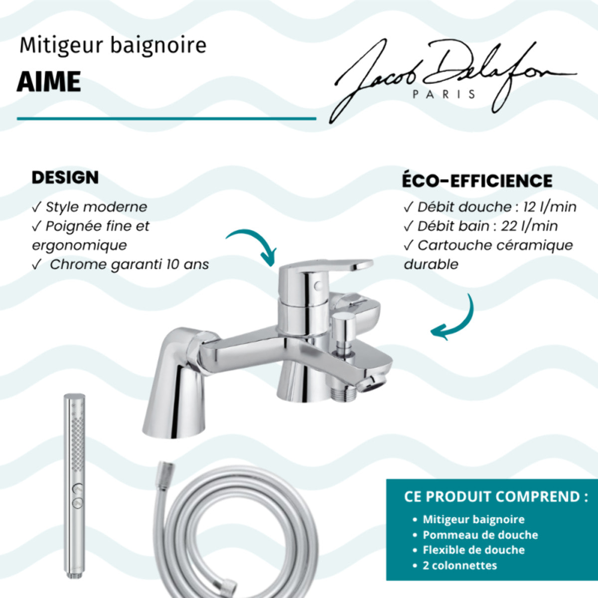 Mitigeur baignoire Aimé + pommeau de douche Shift+ rond + flexible de douche lisse + colonnettes