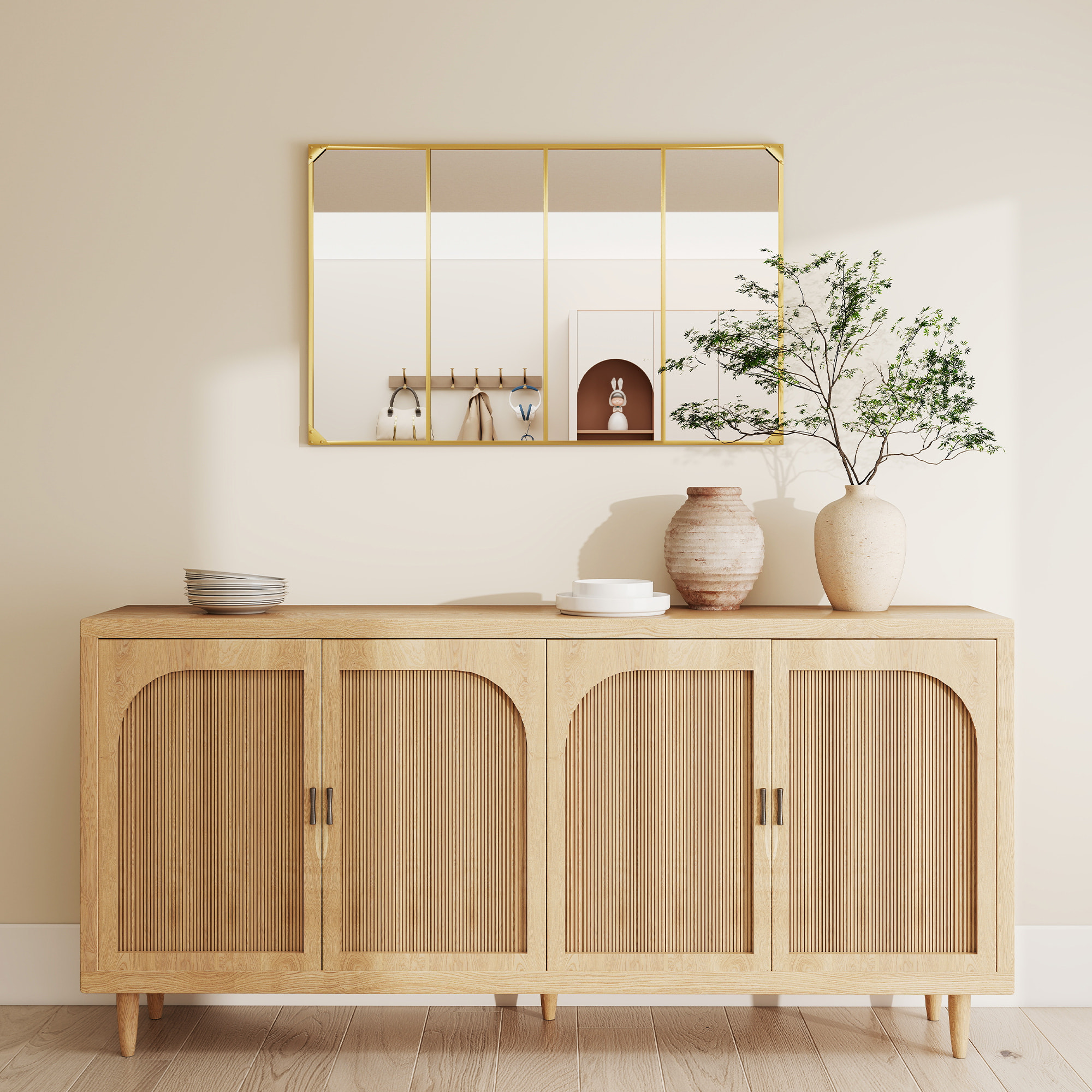 Miroir mural verrière rectangulaire style industriel - horizontal ou vertical - 4 crochets - métal doré