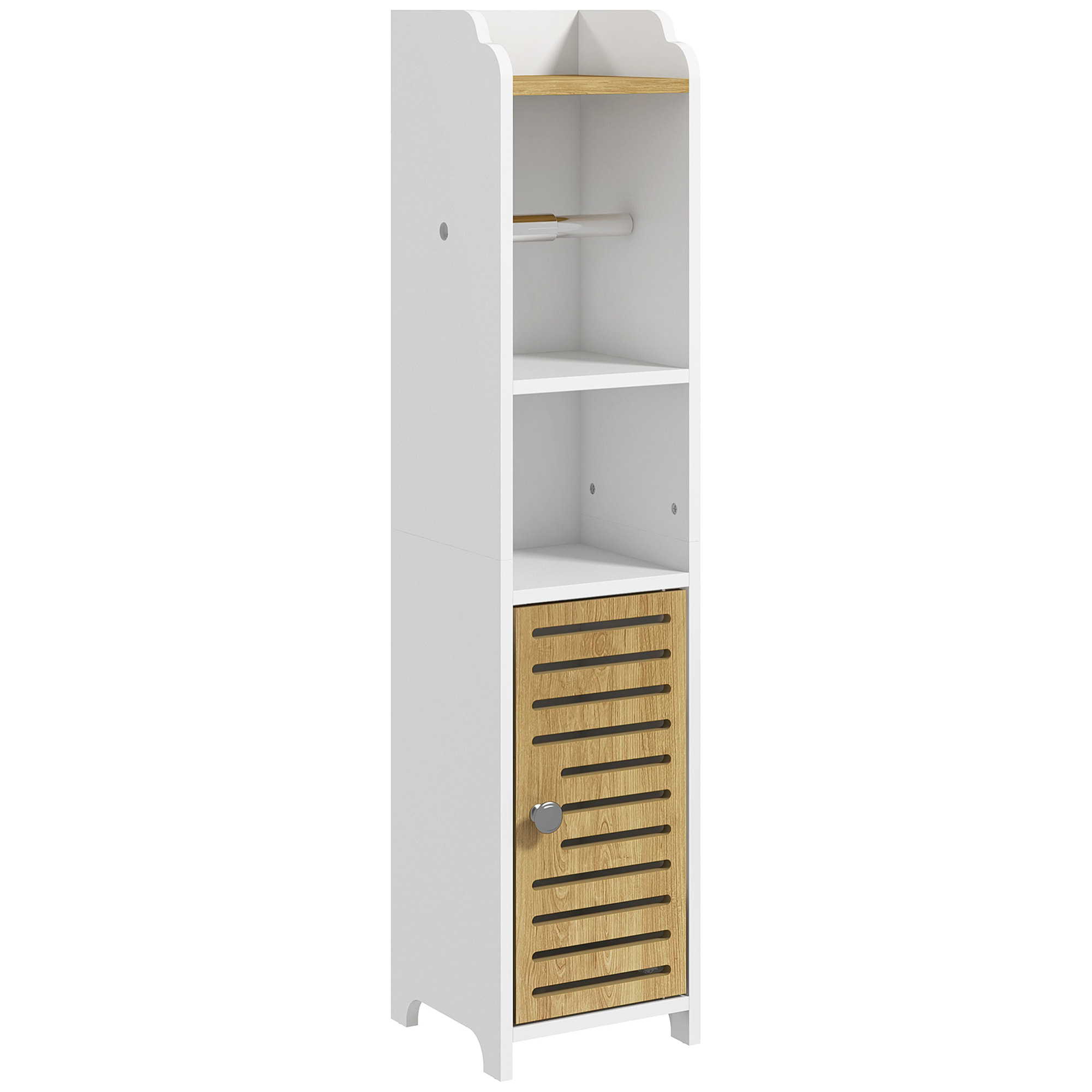 Armario de Baño Moderno Columna Auxiliar de Baño Mueble de Suelo de Baño con Estantes 1 Puerta y Portarrollos de Papel para Dormitorio Sala 18x20x90 cm Blanco y Roble