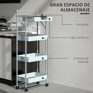 Carrito Auxiliar con Ruedas de 4 Niveles Carro de Cocina con 1 Cajón y 3 Cestas Carrito Organizador para Dormitorio Salón Oficina Verde Claro