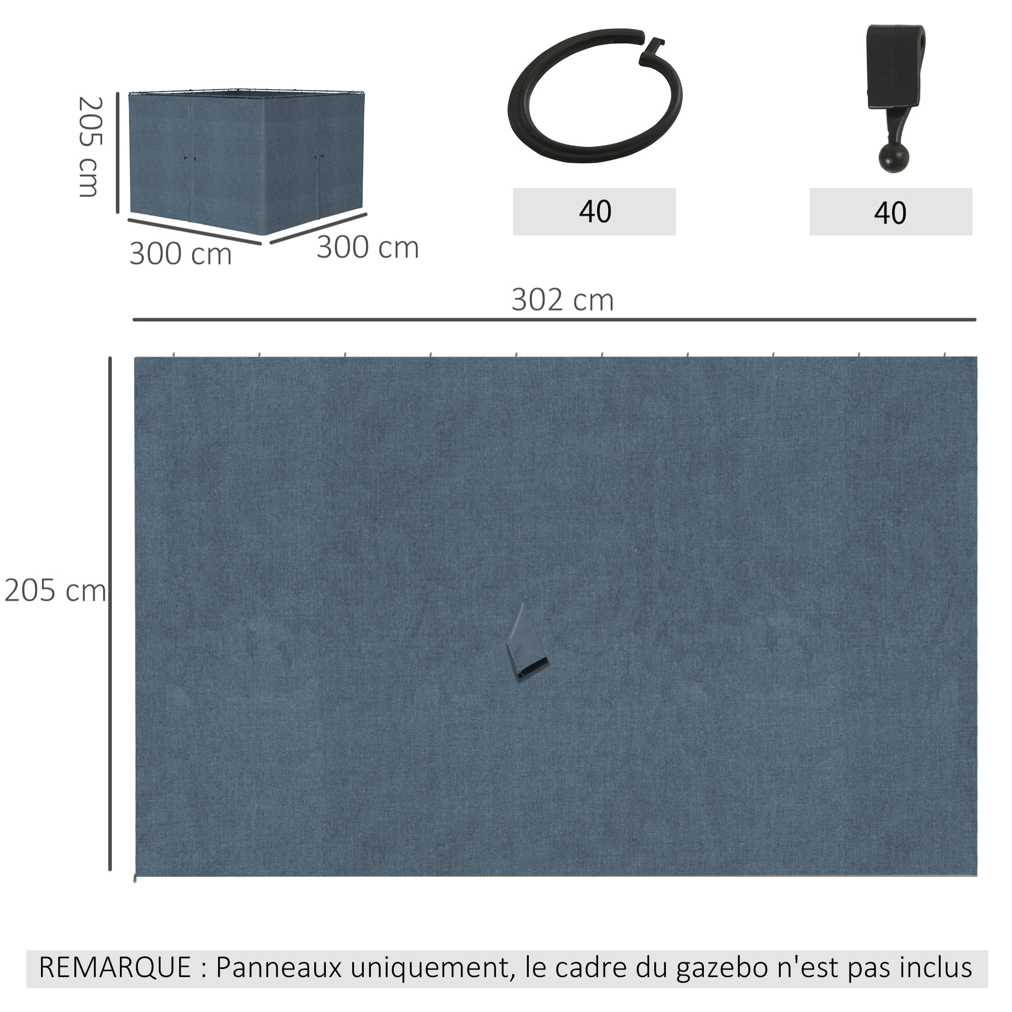 Parois latérales de rechange barnum tonnelle 3 x 3 m - 2 systèmes d'attache boucles ou crochets - zip, velcro - polyester gris