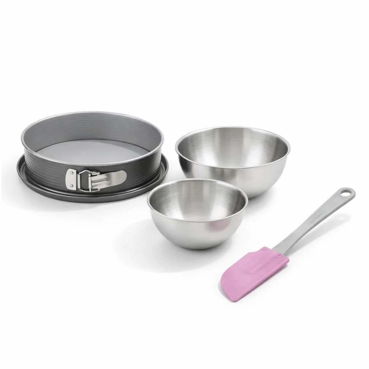 Set à pâtisserie avec 1 Moule à charnière rond à fond plat, 1 spatule Zenker et 2 bols à mixer en inox Fackelmann