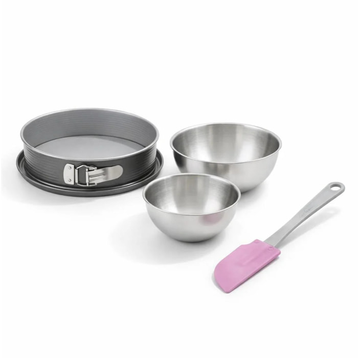 Set à pâtisserie avec 1 Moule à charnière rond à fond plat, 1 spatule Zenker et 2 bols à mixer en inox Fackelmann