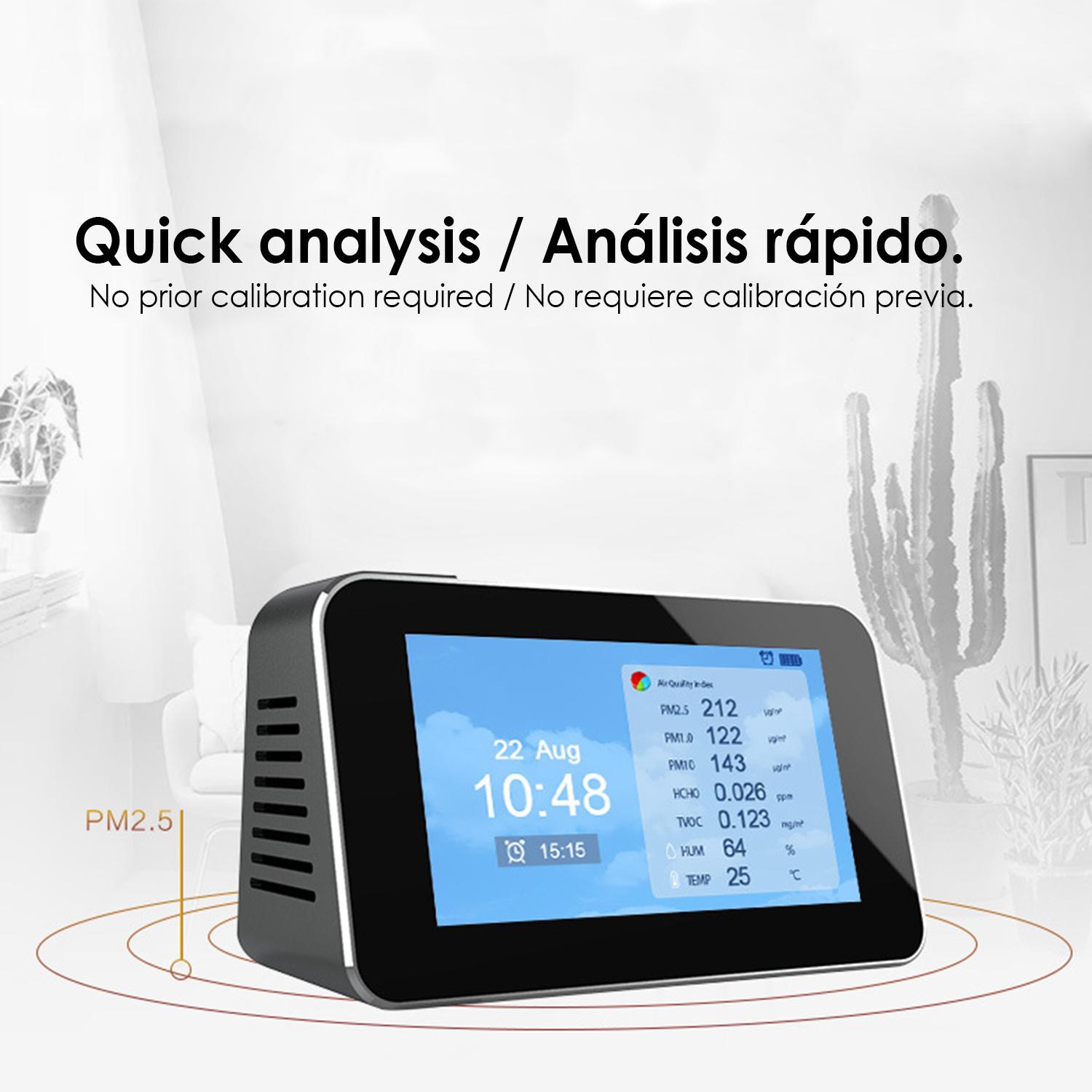 Medidor de calidad de aire interior con termómetro e higrómetro. Pantalla LCD a color.