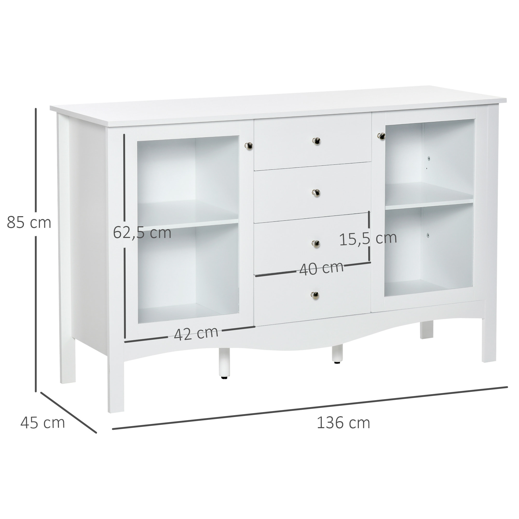 Aparador de Cocina Armario Buffet con 2 Puertas de Vidrio Estante Ajustable Interior y 4 Cajones Mueble Auxiliar para Comedor Salón 136x45x85 cm Blanco