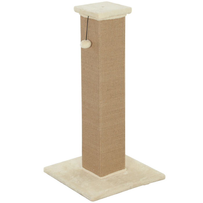 Griffoir tour pour chat H.81 cm - poteau à griffer avec jeu balle suspendue - peluche beige sisal naturel
