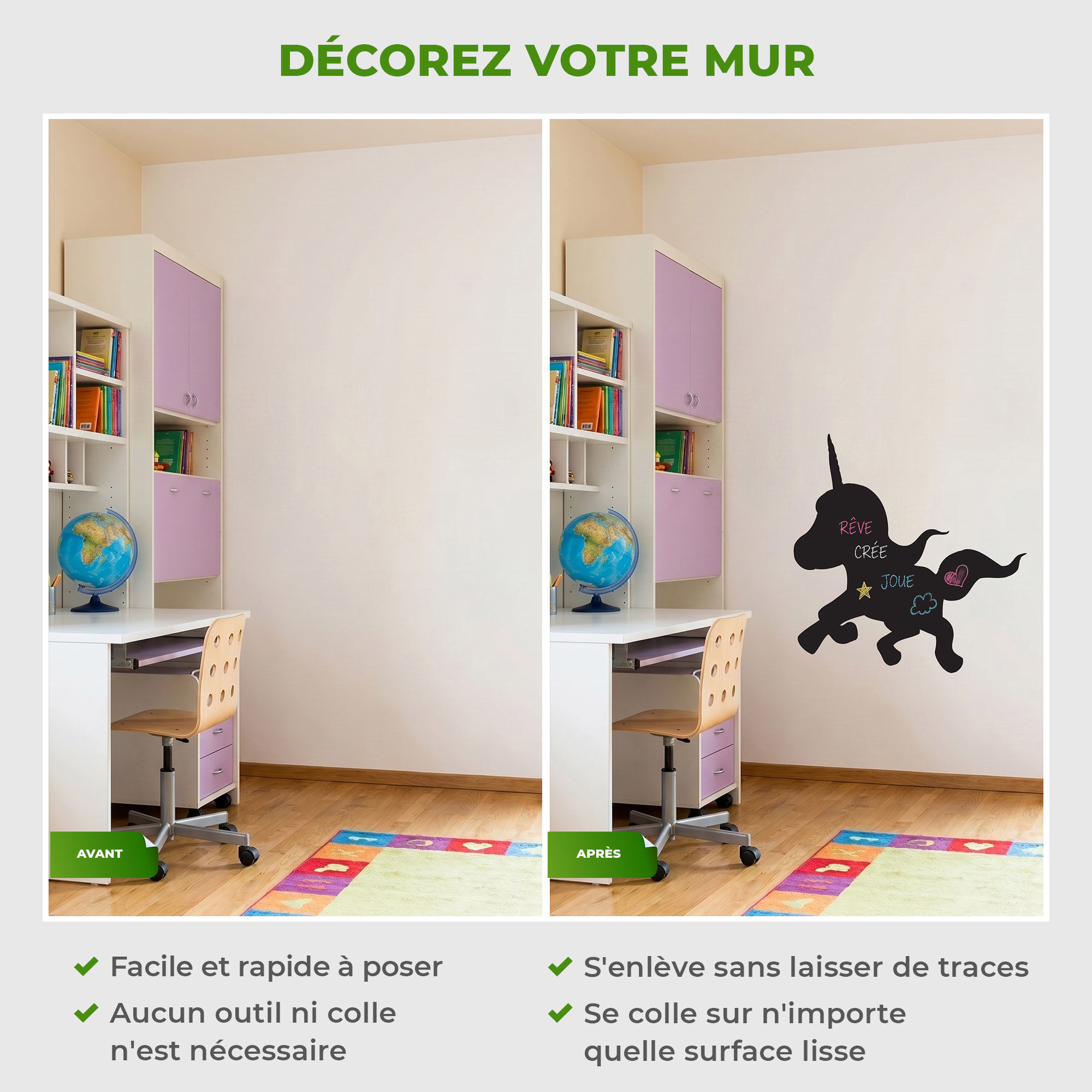 Sticker ardoise tableau noir - stickers muraux adhésif effaçable - LICORNE