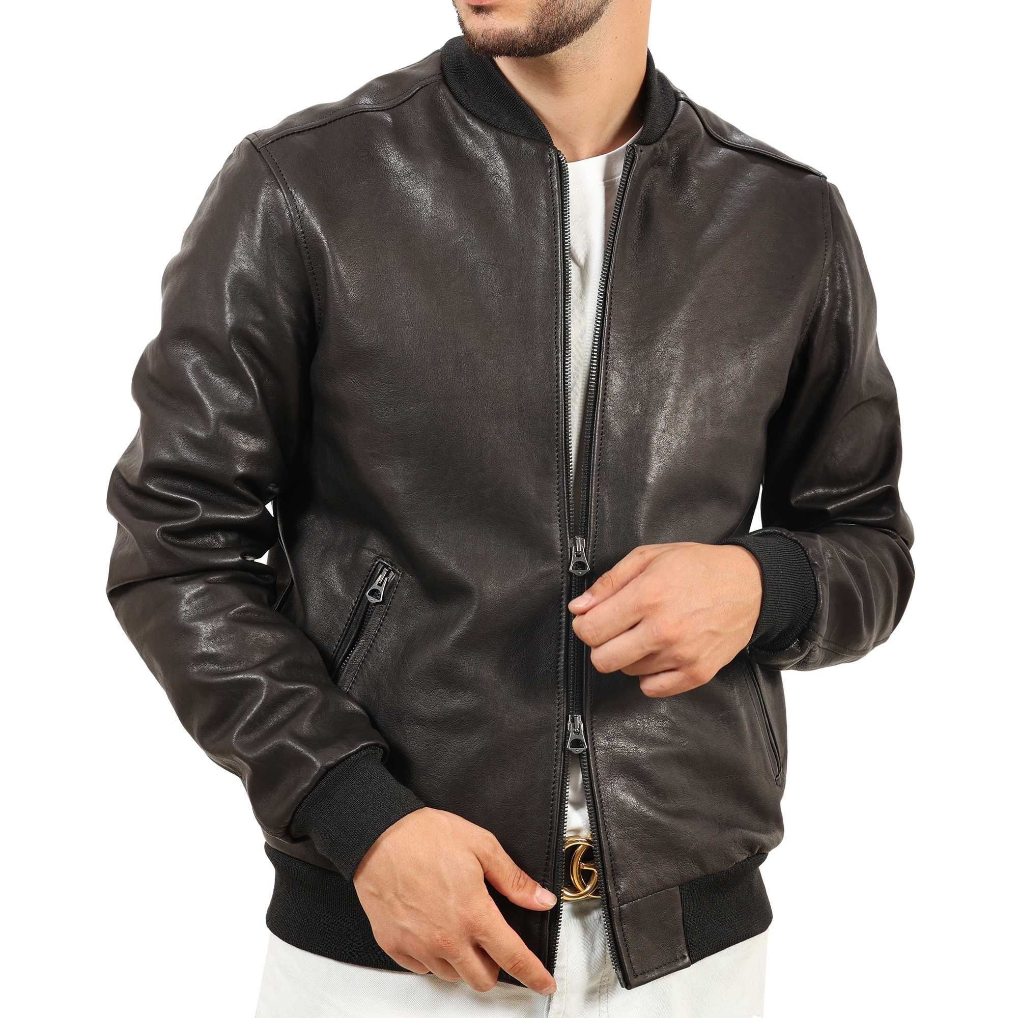 Giubbino in vera pelle di vitello rifinizione vegetale Nero -Slim Fit