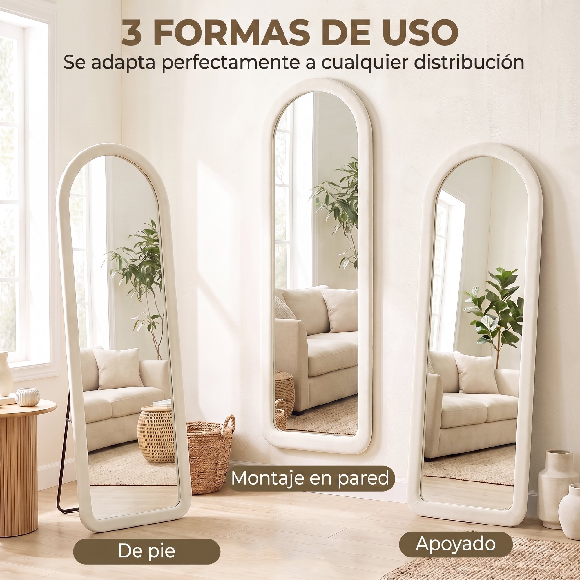 Espejo de Cuerpo Entero, 160x60 cm, Espejo de Pie, Marco Arqueado Aterciopelado, Independiente, Apoyado y de Pared, para Dormitorio, Salón, Vestidor