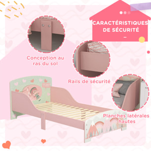 Lit pour enfant 3-6 ans design mountain adventure - sommier à lattes inclus - barrières de sécurité - rose