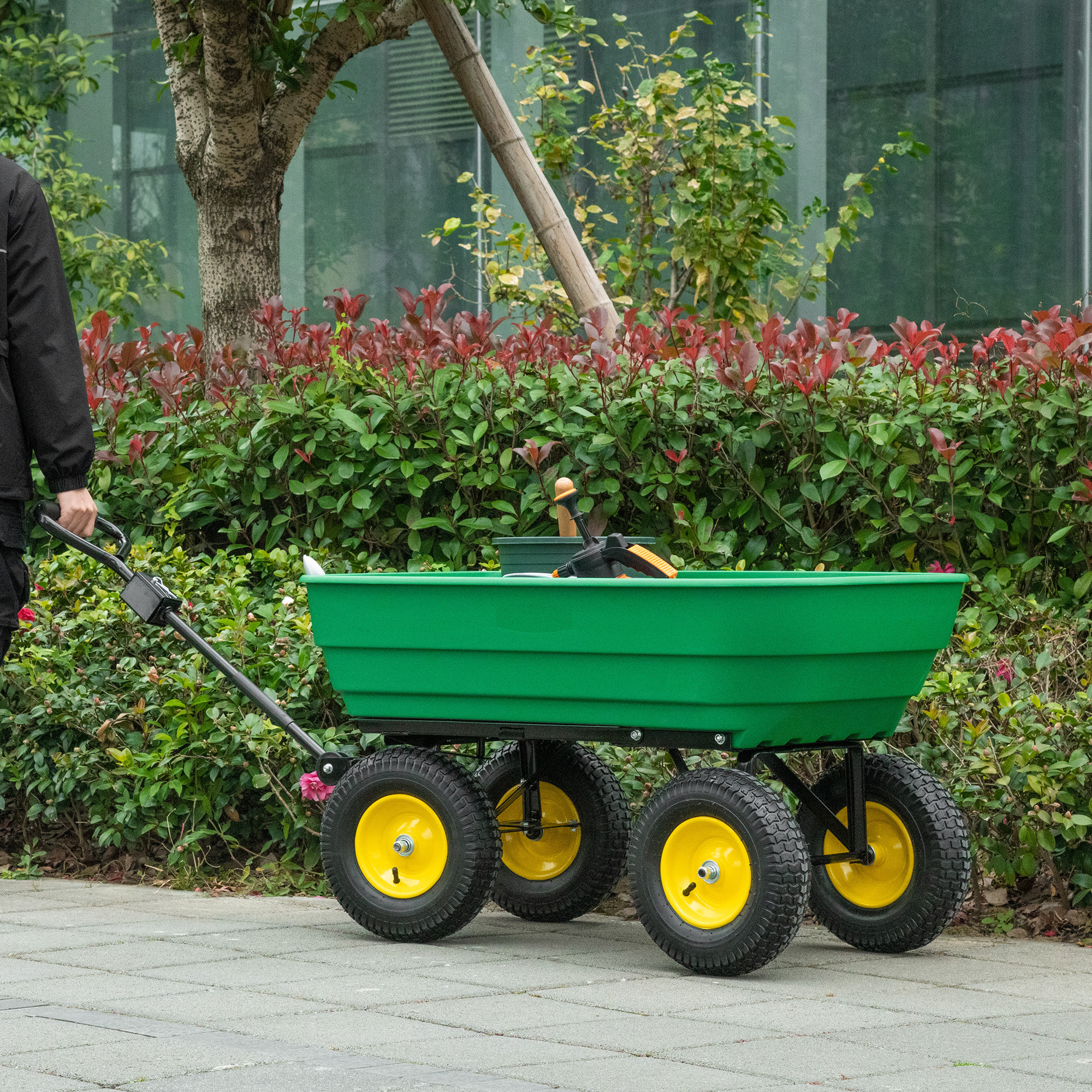 Chariot de jardin à main benne basculante 75° 125L charge max. 200 Kg 4 roues pneumatiques acier PP jaune vert