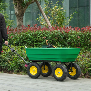 Chariot de jardin à main benne basculante 75° 125L charge max. 200 Kg 4 roues pneumatiques acier PP jaune vert