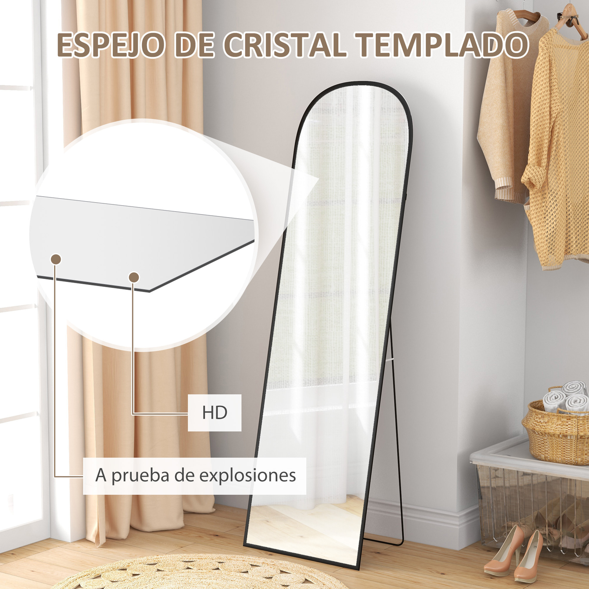 Espejo de Cuerpo Entero Espejo de Pie 50x170 cm Independiente o Pared con Marco de Aleación de Aluminio y Soporte para Sala Dormitorio Baño Dorado