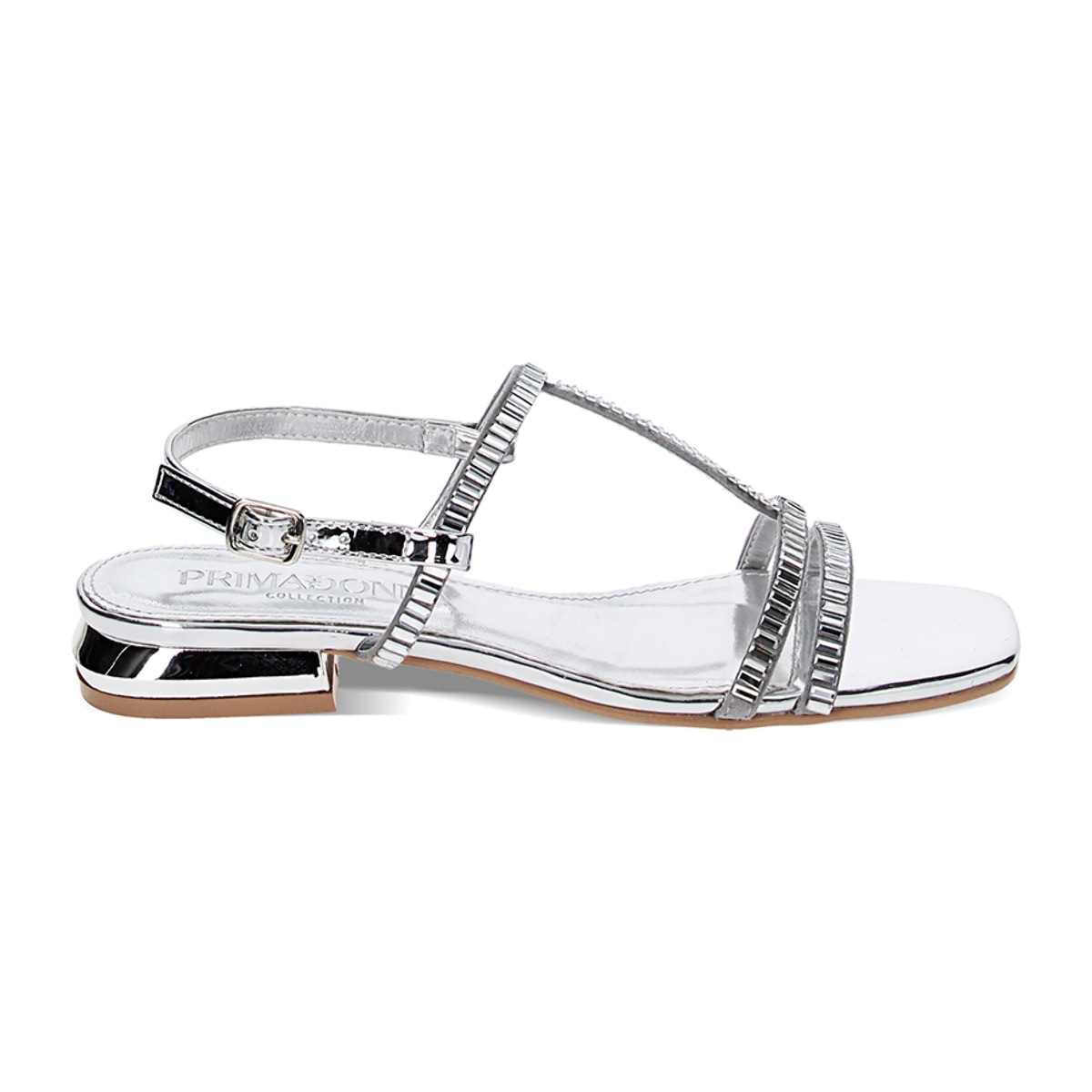 Sandalias bajas plateadas de espejo con piedras