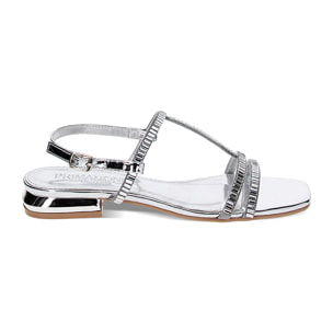 Sandalias bajas plateadas de espejo con piedras